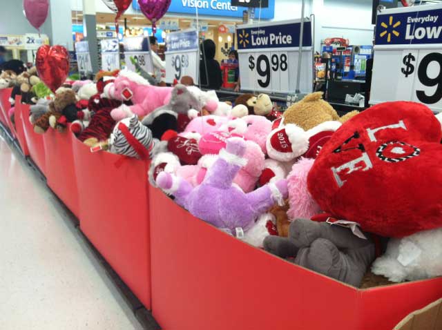 The aisle of supermarket chains are stocked with an assortment of gifts for Valentine's Day.