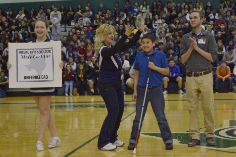 Senior Anfernee Cao was honored at the pep rally on Feb. 27 for his achievement at the VSE art competition.