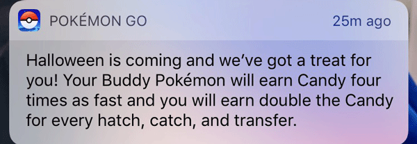 Players receive notification about the new Pokémon Go event.
