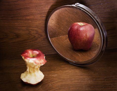 An apple that's all eaten up and thin see's its refection in the mirror as full and fat.